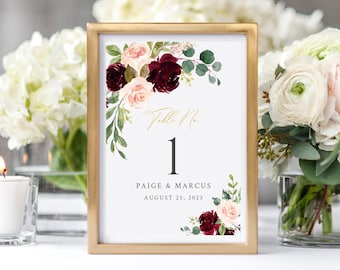 Printable Blush Burgundy Floral Table Numbers, Editable Pink Rose Table Numbers, Greenery Table Number Template, Instant Download 574-A