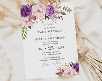 Editable Purple Floral Boho Wedding Invite, Printable Violet Lilac Peonies Wedding Invitation Template, Purple Invite Instant Download 587-A