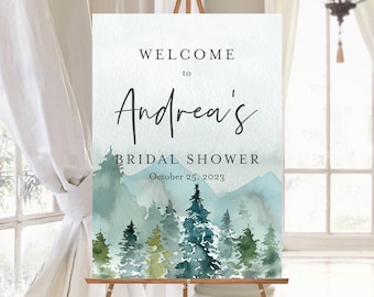 Editable Mountains Rustic Bridal Shower Welcome Sign, Woodland Shower Sign, Forest Welcome, 16 x 20 18 x 24, Template Instant Download 531-A