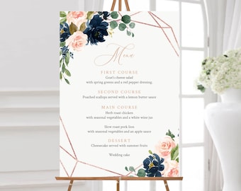 Editable Menu Sign, Navy Blush Rose Gold Floral Wedding Menu Board, Buffet Sign, Menu Poster Drinks Bar Sign Template Instant Download 529-A