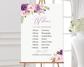 Boho Lilac Floral Editable Order of Events Sign, Order of the Day Sign, Purple Itinerary, Schedule, Timeline Template Instant Download 530-A