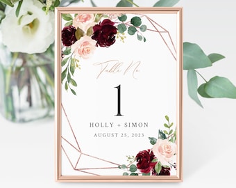 Rose Gold Geometric Burgundy Pink Editable Table Numbers, Printable Floral Table Numbers, Blush Table Signs DIY Template Inst Download 575-A