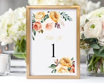 Blush Gold Editable Table Numbers, Fall Printable Peach Floral Table Numbers, Autumn DIY Template, Instant Download, Templett 540-A