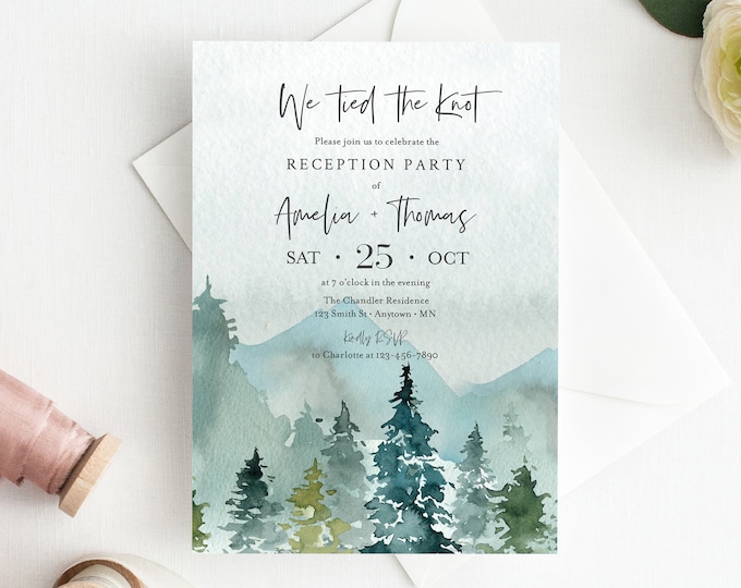 Featured listing image: Editable Rustic Woodland Reception Party Invitation, Mountains After Party Elopement DIY Template, We Tied the Knot, Instant Download 531-A