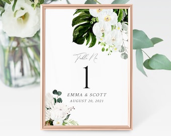 Printable Orchid Protea Floral Editable Table Numbers, Tropical Greenery Wedding Table Numbers, Template, Instant Download, Templett, 546-A