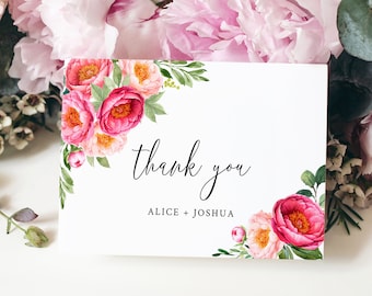 Editable Fuchsia Coral Blush Peonies Thank You Cards, Printable Pink Floral Thank You Cards, DIY Template, Instant Download, Templett 571-A