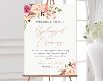 Editable Blush Rose Gold Floral Unplugged Wedding Sign, Pink Peonies Boho Unplugged Ceremony Sign, 3 Sizes, Template, Instant Download 516-A
