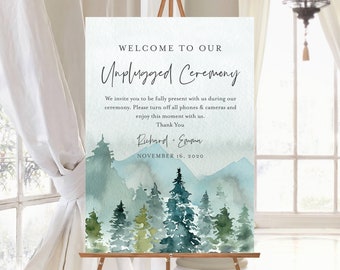 Rustic Mountains Editable Unplugged Wedding Sign, Outdoor Woodland Unplugged Ceremony Sign, 16 x 20 18 x 24, Template Instant Download 531-A