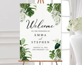 Editable Monstera Wedding Welcome Sign, Tropical Shower Sign Unlimited Custom Signs 16 x 20 18 x 24 24 x 36, Template Instant Download 550-A