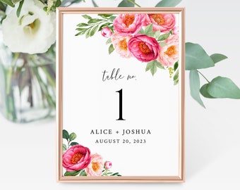 Editable Coral Blush Floral Table Numbers, Printable Fuchsia Pink Peonies Table Numbers, Green Table Number Template, Instant Download 571-A