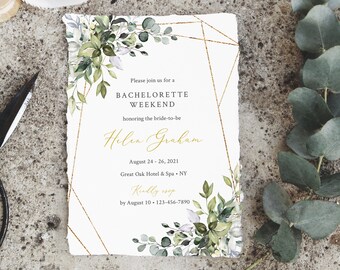 Greenery Gold Geometric Editable Bachelorette Party Invitation, Itinerary, Bachelorette Weekend Printable Template, Instant Download, 538-A