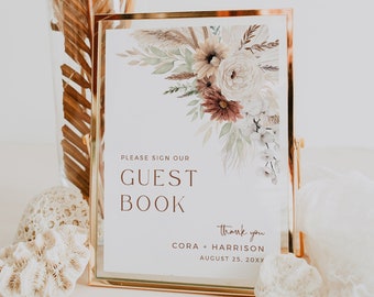 Editable Bohemian Pampas Grass Sign Our Guestbook, Boho Guest Book Sign, Terracotta Printable Wedding Bridal Shower Template, Download 590-A