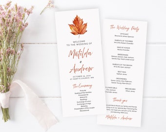 Editable Maple Leaf Program, Burnt Orange Minimalist Wedding Program, Simple Fall Autumn Printable Program Template, Download Templett 567-A