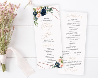 Rose Gold Geometric Floral Editable Program, Navy Pink Wedding Program, Printable Program, DIY Template, Instant Download, Templett, 529-A