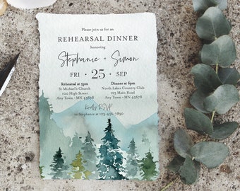 Rustic Woodland Editable Rehearsal Dinner Invitation, Rehearsal Mountians Invite DIY Template, Printable, Instant Download, Templett 531-A