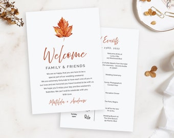 Fall Maple Leaf Editable Welcome Bag Letter Itinerary, Wedding Timeline, Minimalist Printable Order Events, Template Instant Download 567-A