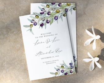 Editable Olive Booklet Program, Foldable Wedding Program, Rustic Italian Printable Program Mediterranean DIY Template Instant Download 563-A