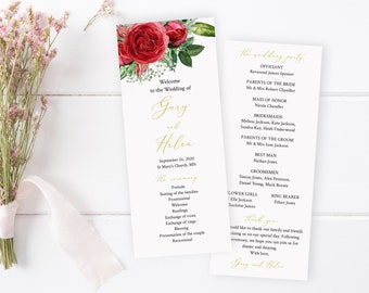Red Rose Ferns Editable Program, Red Gold Floral Wedding Program, Winter Printable Program, DIY Template, Instant Download Templett 541-A