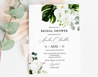 Editable Protea Orchid Bridal Shower Invitation, Tropical Floral Shower Invite DIY Template, Greenery Printable, Instant Download, 546-A