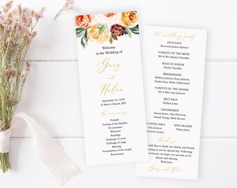 Gold Boho Floral Editable Program, Golden Blush Burgundy Wedding, Fall Autumn Printable, DIY Template, Instant Download Templett 540-A