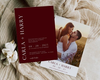 Editable Jewel Tone Photo Wedding Invite, Printable Minimal Burgundy Wedding Invitation, Jewel Elegant Bold Template, Instant Download 587-A