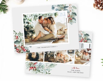 Modern Winter Foliage Holiday Card Template, Editable Christmas Photo Card, Printable Photo Holiday Card, Burgundy, Instant Download 209-A