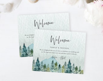 Rustic Editable Welcome Bag Labels, Mountains Printable Hotel Bag Label Template, Woodland Welcome Box Label Instant Download Templett 531-A