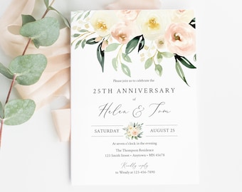 Blush Greenery Floral Editable Anniversary Party Invitation, 25th 30th 40th 50th Anniversary 70th Invite with Flowers, DIY Template, 536-A