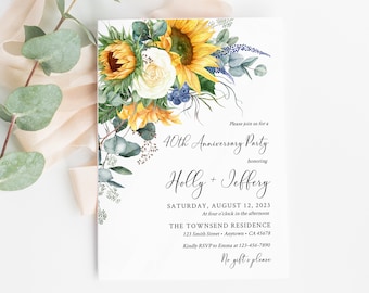 Editable Sunflower Anniversary Party Invitation, Yellow Floral Eucalyptus 25th 30th 40th 50th Anniversary DIY Template, Inst Download 565-A