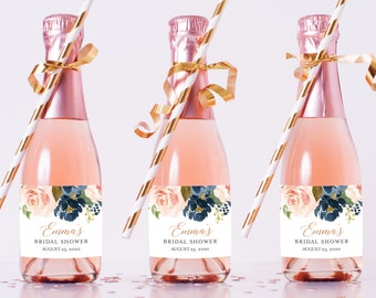 Editable Rose Gold Blush Navy Floral Mini Champagne Bottle Labels, Mini Wine Bottle Label, DIY Template, Printable, Instant Download 542-A