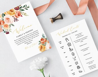 Fall Gold Floral Editable Welcome Bag Letter Itinerary, Blush Wedding Timeline, Printable Order of Events, Template Instant Download 540-A