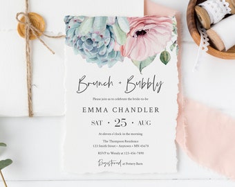 Blue Blush Succulent Brunch Invite DIY Template, Editable Brunch & Bubbly Invitation, Printable Invite, Instant Download, 535-A