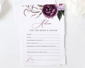 Editable Purple Floral Advice for the Bride and Groom, Plum Lilac Lavender Printable Bridal Shower Template, Advice Card, Ins Download 527-A