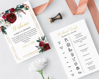 Editable Cranberry Gold Welcome Bag Letter Itinerary, Christmas Wedding Timeline, Printable Order of Events, Template Instant Download 543-A