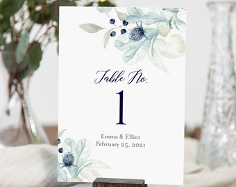 Winter Wedding Floral Editable Table Numbers, Navy Silver Gray Printable Table Numbers, Blue DIY Template, Instant Download, Templett 544-A