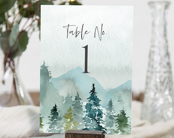 Woodalnd Editable Table Numbers, Printable Rustic Table Numbers, Mountains DIY Template Forest Instant Download, Templett 531-A