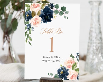 Editable Navy Pink Rose Gold Table Numbers, Printable Blush Floral Table Numbers, Table Number DIY Template, Instant Download Templett 542-A