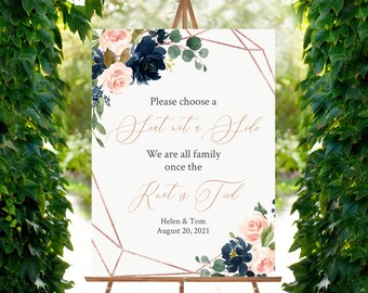 Editable Rose Gold Geometric Floral Choose a Seat Sign, Navy Blush Pick a Seat Wedding Sign, 3 Sizes, Template, Pink Instant Download, 529-A