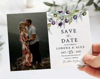 Printable Olive Photo Save the Date, Editable Save the Date DIY Template, Rustic Italian Wedding, Mediterranean, Instant Download, 563-A