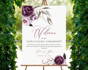 Editable Purple Floral Unplugged Wedding Sign, Lilac Plum Unplugged Ceremony Sign, 16 x 20 18 x 24 24 x 36, Template, Instant Download 527-A