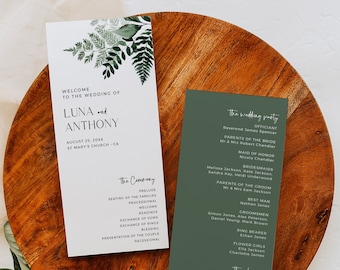Editable Modern Botanical Wedding Program, Printable Minimal Fern Foliage Program, Boho Greenery Template, Instant Download, Templett, 586-A