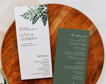 Editable Modern Botanical Wedding Program, Printable Minimal Fern Foliage Program, Boho Greenery Template, Instant Download, Templett, 586-A
