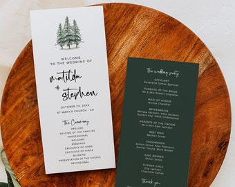 Editable Rustic Pine Wedding Program, Printable Modern Evergreen Program, Woodland Forest Green Template, Instant Download, Templett, 588-A