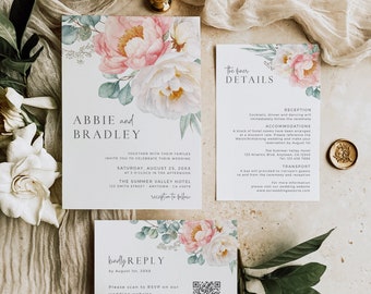 Blush Floral Wedding Invite Set, Peony Wedding Invitation Suite, Modern Boho Invite, Garden Wedding, QR Code RSVP, Editable Template, 507-A