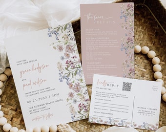 Wildflower Wedding Invitation Set, Blush Boho Invite Suite, Spring Wedding, Garden Wedding Invitation, QR Code RSVP, Editable Template 597-A