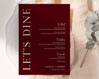 Modern Jewel Tone Wedding Menu, Minimal Table Wedding Menu, Burgundy Menu Template, Printable Minimalist Maroon Menu Card Editable, 587-A