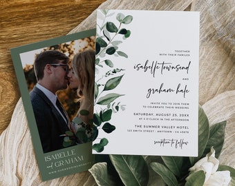 Greenery Wedding Invitation, Botanical Wedding Invitation Template, Garden Wedding Invite, Sage Green Invite, Eucalyptus, Editable, 596-A