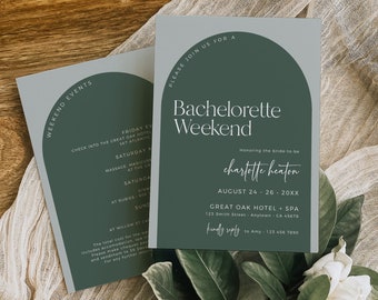 Bachelorette Weekend Itinerary Sage Arch Bachelorette Party Invitation, Printable Bach Invite Arched, Boho Editable Invite Template, 502-A