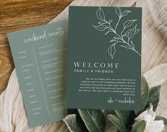 Sage Modern Wedding Events Timeline, Wedding Weekend Itinerary, Minimal Welcome Bag Letter, Botanical Order of Event Editable Template 589-C