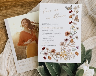 Love is in Bloom Invite Fall Bridal Shower Invitation Wildflower Bridal Shower Invite Boho Pressed Flower, Rust, Editable Template, 513-A